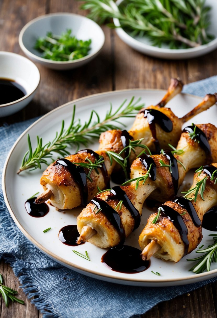 A plate of balsamic rosemary drumsticks with fresh herbs and a drizzle of balsamic glaze on a rustic wooden table