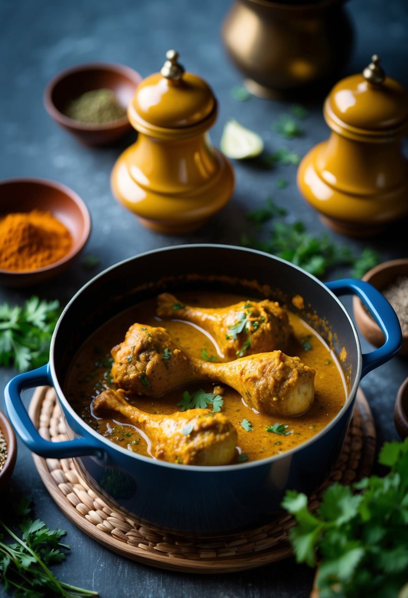 A bubbling pot of Indian spiced curry drumsticks, surrounded by aromatic spices and herbs