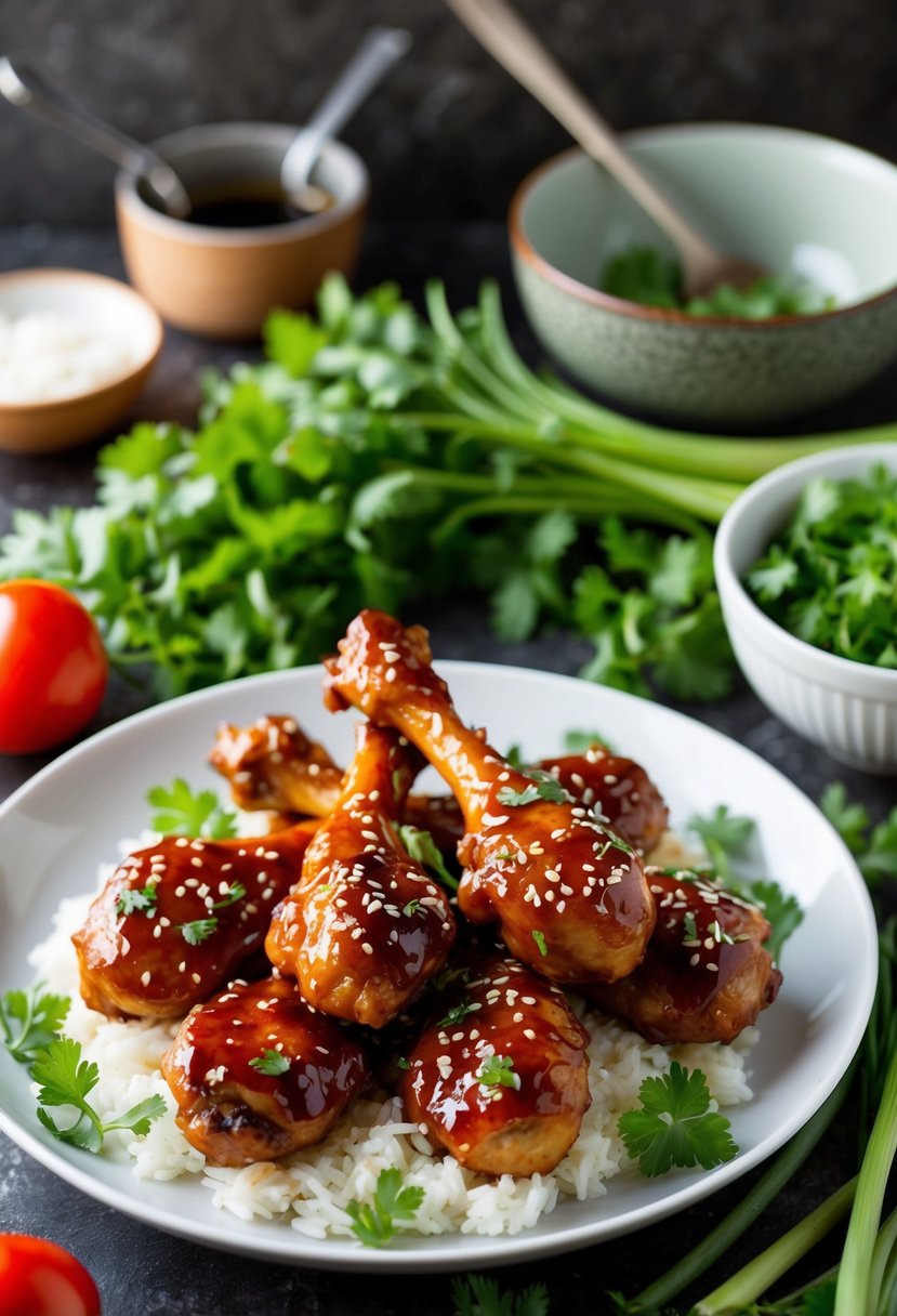 A plate of teriyaki glazed drumsticks surrounded by fresh herbs and vegetables