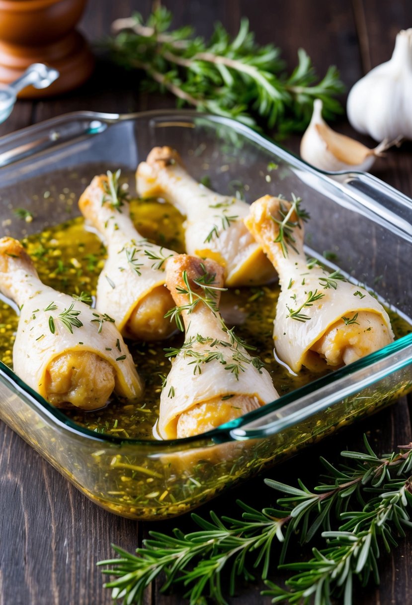 Several chicken drumsticks marinating in a fragrant herb mixture in a glass dish, surrounded by fresh rosemary, thyme, and garlic cloves