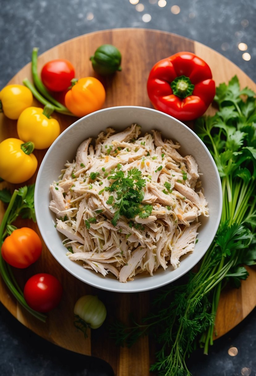 A bowl of shredded chicken surrounded by colorful vegetables and herbs on a wooden cutting board