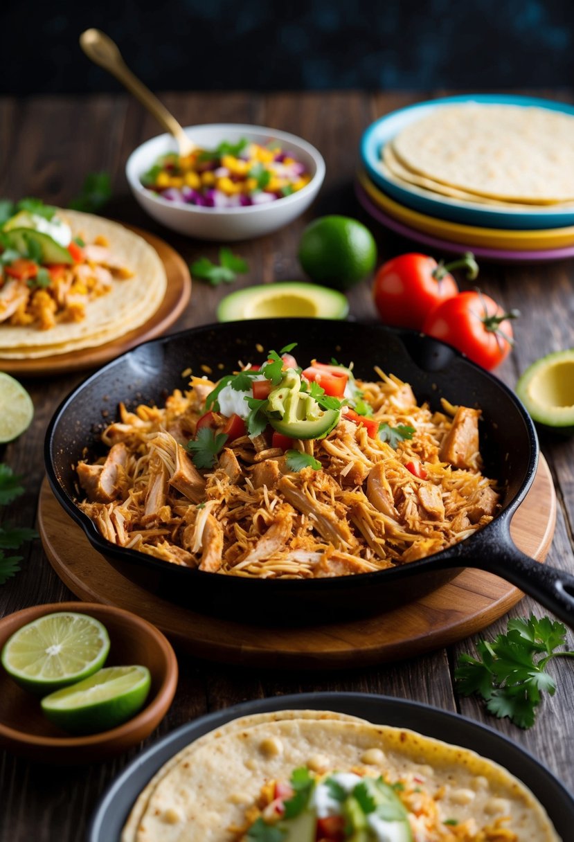 A sizzling skillet of shredded chicken, surrounded by colorful taco toppings and warm tortillas