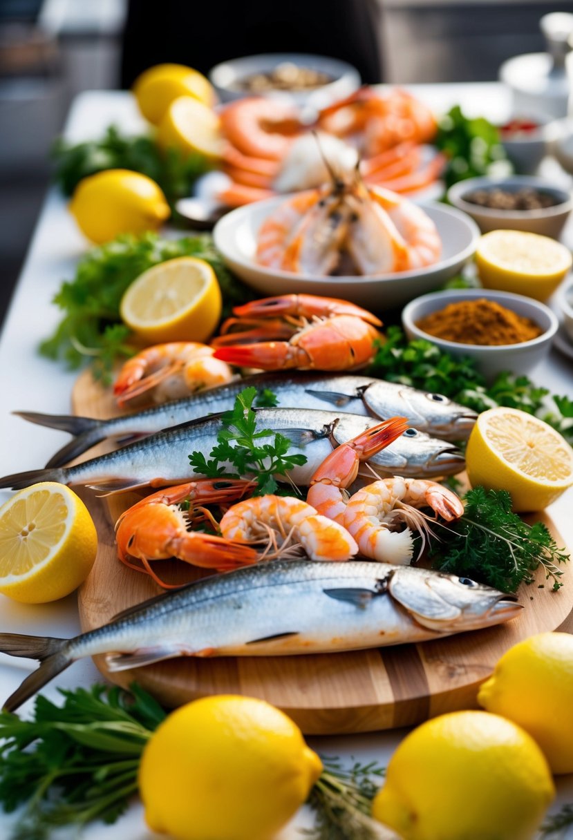 A chef's table with an assortment of fresh seafood, including shrimp, crab, and fish, surrounded by colorful ingredients like lemons, herbs, and spices