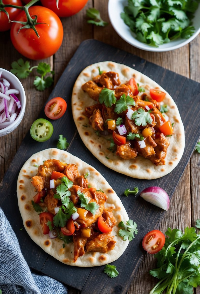 A rustic wooden table with two barbecue chicken flatbreads, surrounded by colorful ingredients like tomatoes, onions, and cilantro