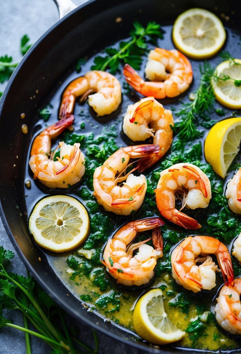 A sizzling skillet of garlic butter shrimp, surrounded by vibrant herbs and lemon slices