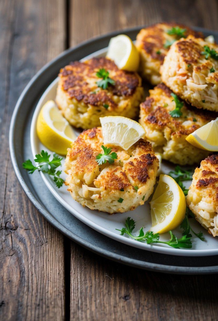 A platter of golden-brown Baltimore-style crab cakes, garnished with lemon wedges and fresh herbs, sits atop a rustic wooden table