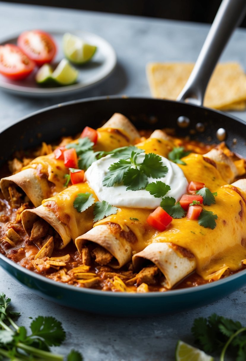 A sizzling pan of spicy chicken enchiladas, topped with melted cheese and garnished with fresh cilantro and diced tomatoes