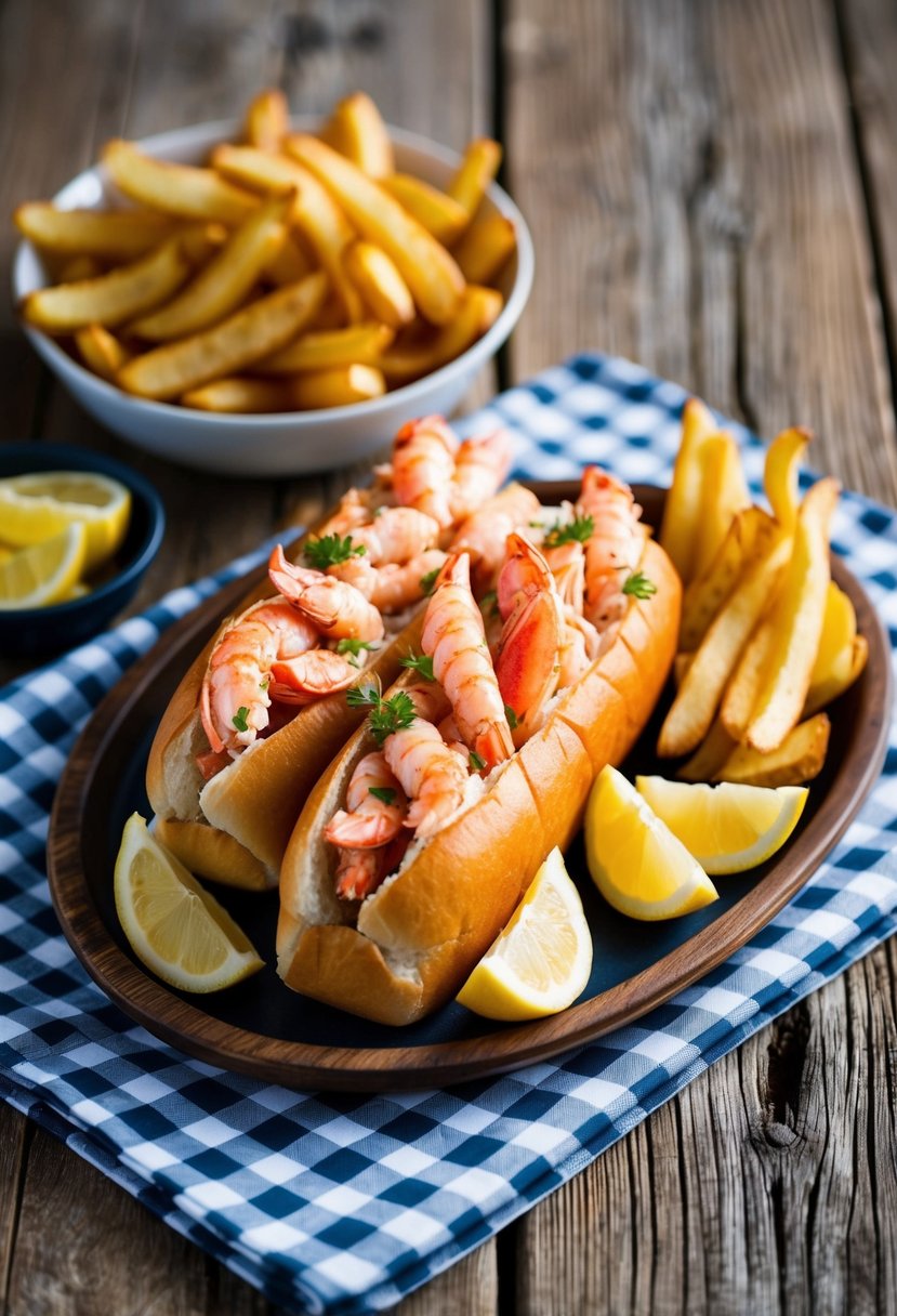 A rustic wooden table with a checkered tablecloth holds a platter of Maine-style lobster rolls, surrounded by fresh lemon wedges and a side of crispy fries