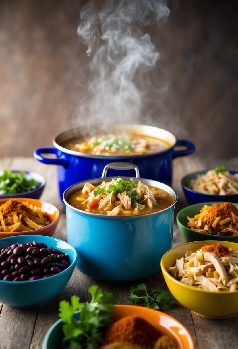 A steaming pot of white chicken chili surrounded by colorful bowls of shredded chicken, beans, and spices