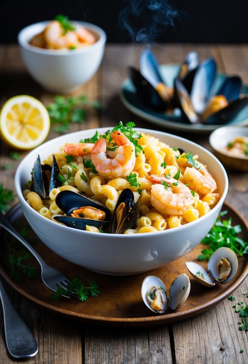 A steaming bowl of seafood macaroni with shrimp, mussels, and clams, garnished with fresh herbs and served on a rustic wooden table