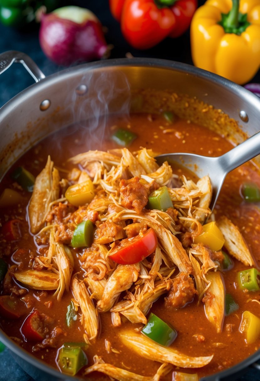 A steaming pot of shredded chicken simmering in a rich, spicy tomato sauce, surrounded by colorful bell peppers, onions, and fragrant spices