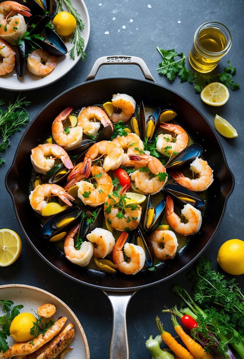 A sizzling skillet filled with an assortment of Mediterranean seafood, including shrimp, mussels, and calamari, surrounded by colorful vegetables and aromatic herbs