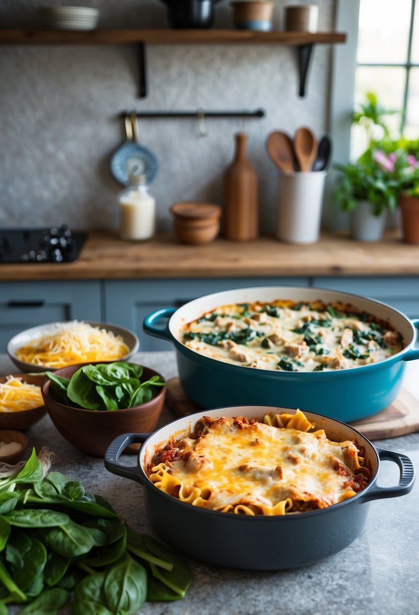 A rustic kitchen counter with ingredients for Chicken Lasagna Florentine - shredded chicken, spinach, lasagna noodles, cheese, and a bubbling casserole dish