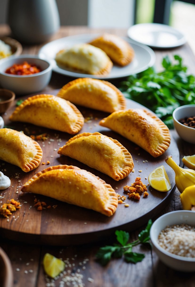 A table scattered with ingredients for jerk chicken empanadas