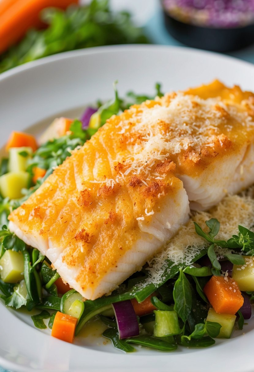 A golden-brown tilapia fillet, coated in a crispy layer of parmesan, sits atop a bed of vibrant green herbs and colorful vegetables