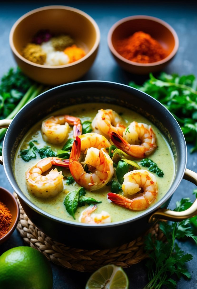 A steaming pot of coconut curry shrimp surrounded by vibrant spices and fresh herbs