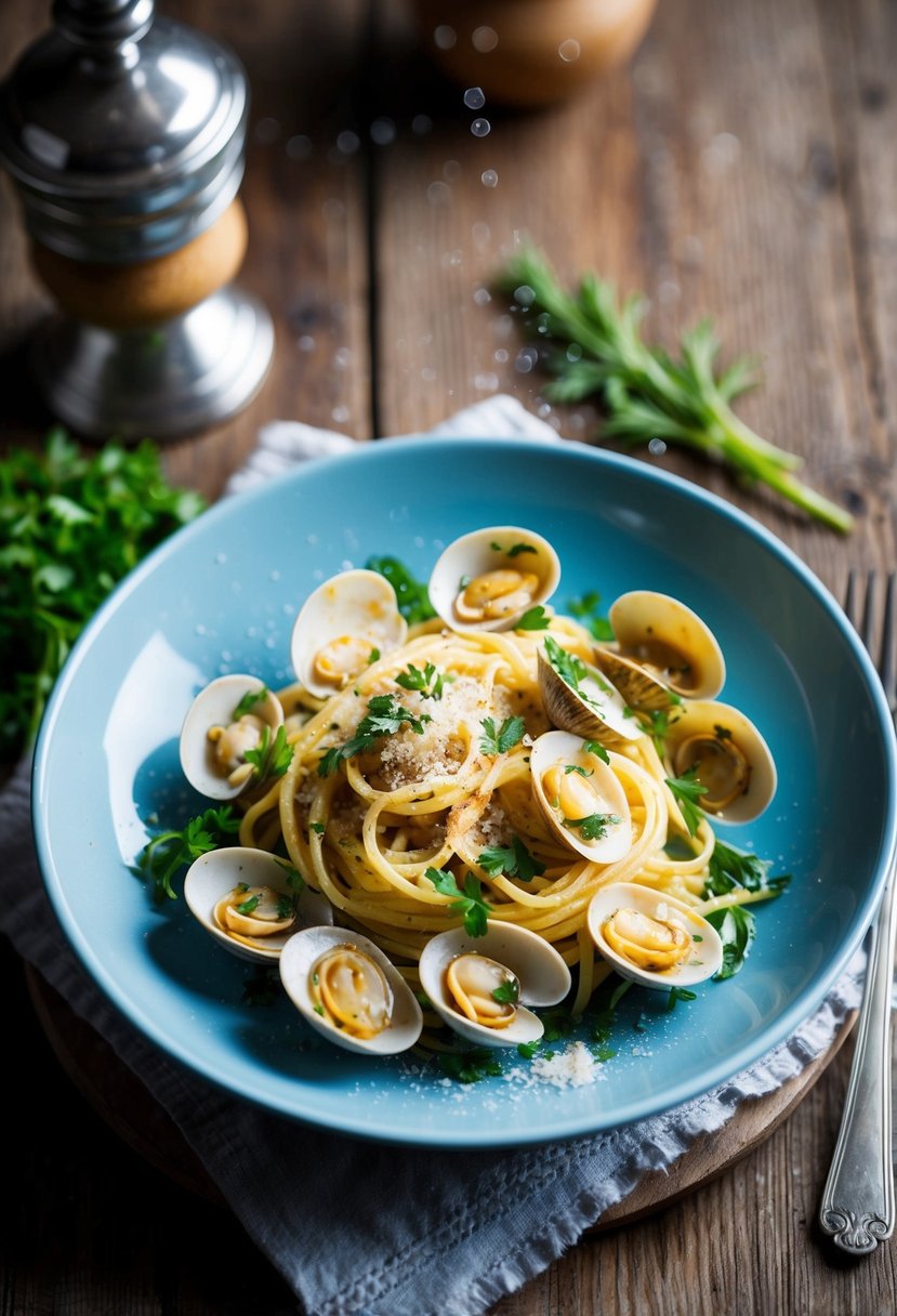 A steaming plate of clam pasta with fresh herbs and a sprinkle of parmesan on a rustic wooden table