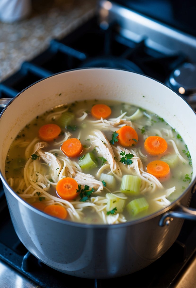 A pot of chicken soup simmering on the stove, with shredded chicken, carrots, celery, and herbs floating in the savory broth