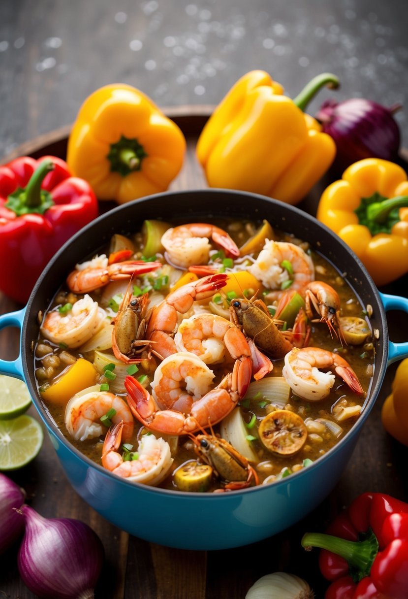 A bubbling pot of etouffee filled with a medley of shrimp, crab, and crawfish, surrounded by colorful bell peppers and onions