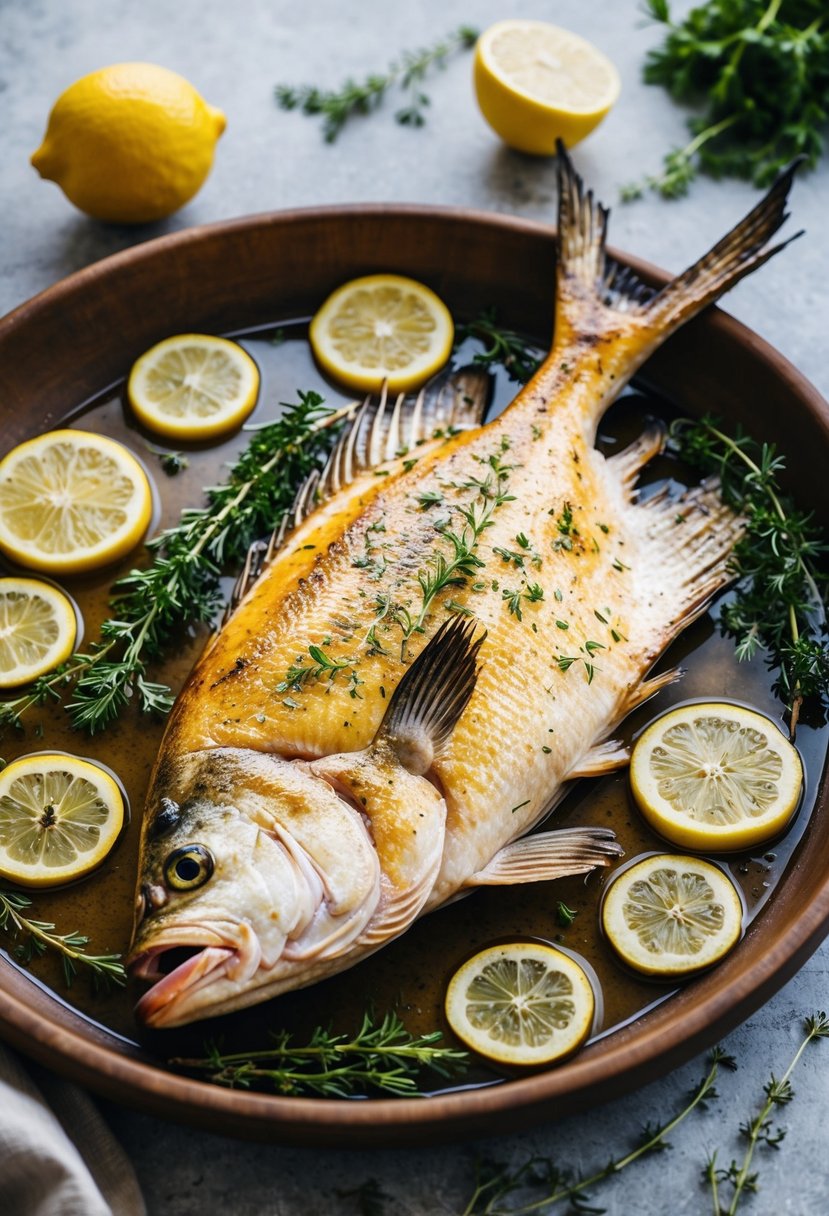 A golden whole roasted branzino surrounded by fresh herbs and lemon slices on a rustic wooden platter