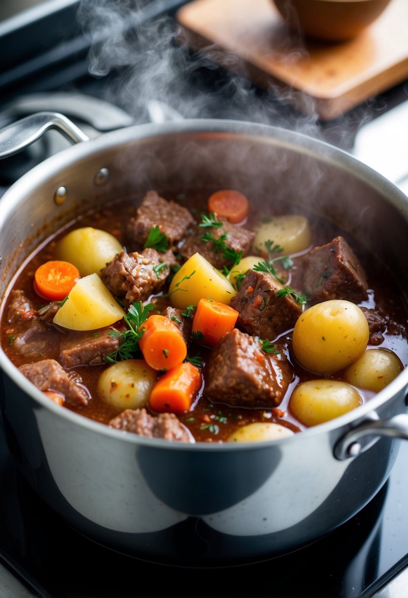 A steaming pot of beef stew simmers on a stovetop, filled with tender chunks of beef, carrots, potatoes, and onions, all bathed in a rich, fragrant red wine sauce