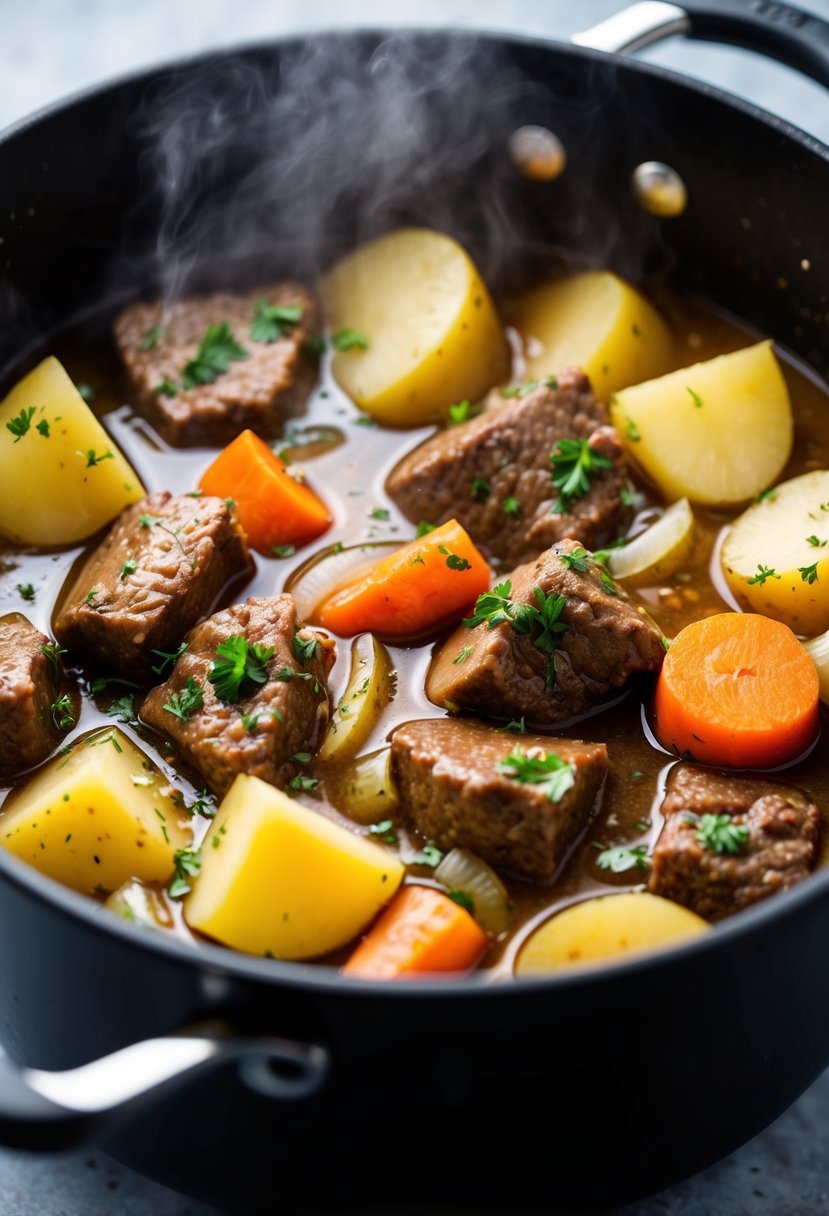 A steaming pot of beef stew with chunks of tender meat, potatoes, carrots, and onions, simmering in a rich, savory broth