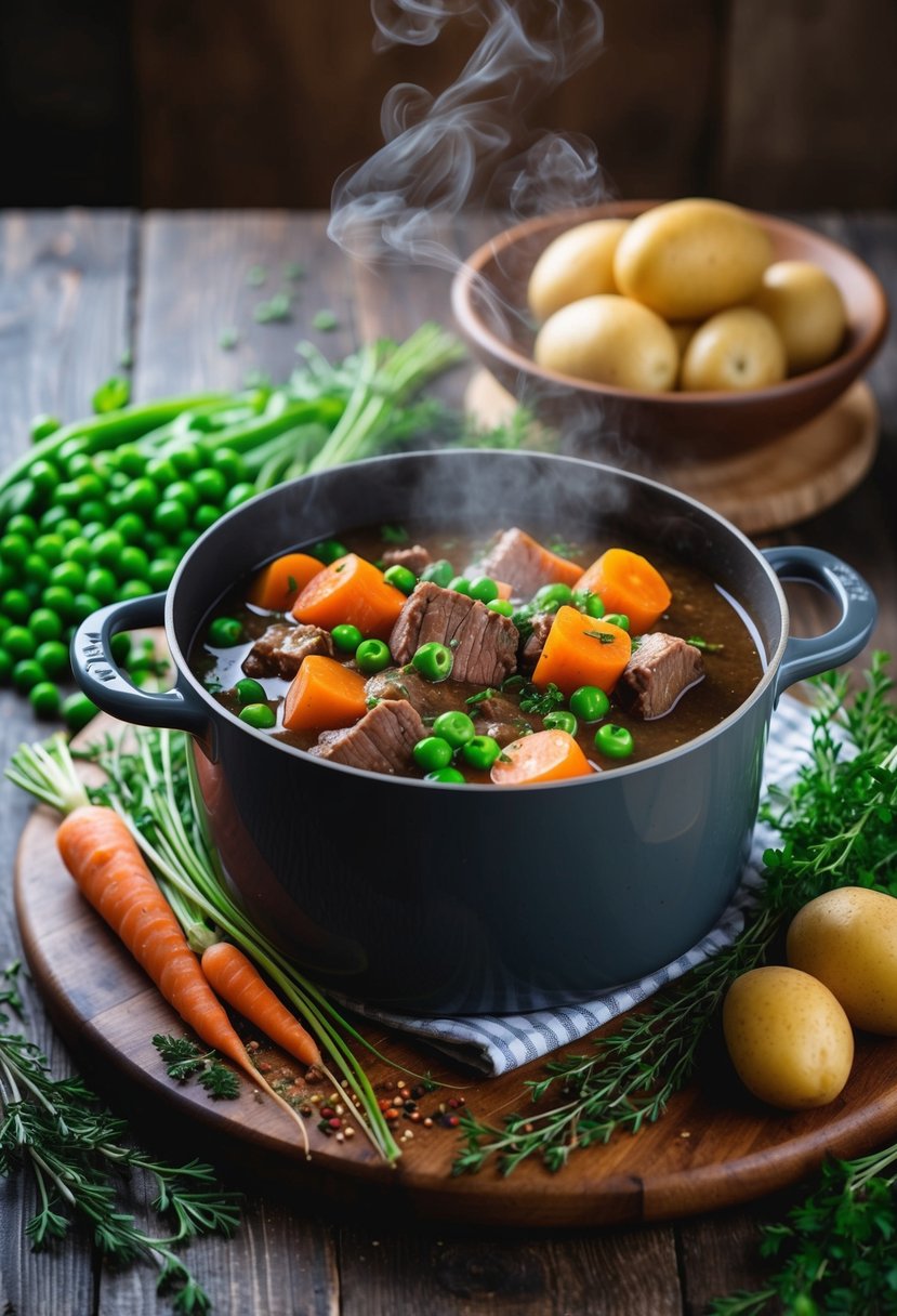 A steaming pot of beef stew with peas, carrots, and potatoes, surrounded by fresh herbs and spices on a rustic wooden kitchen counter