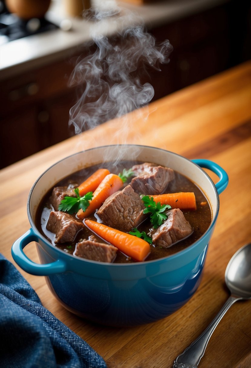 A steaming pot of beef stew filled with tender chunks of meat and colorful carrots, surrounded by the warm glow of a cozy kitchen