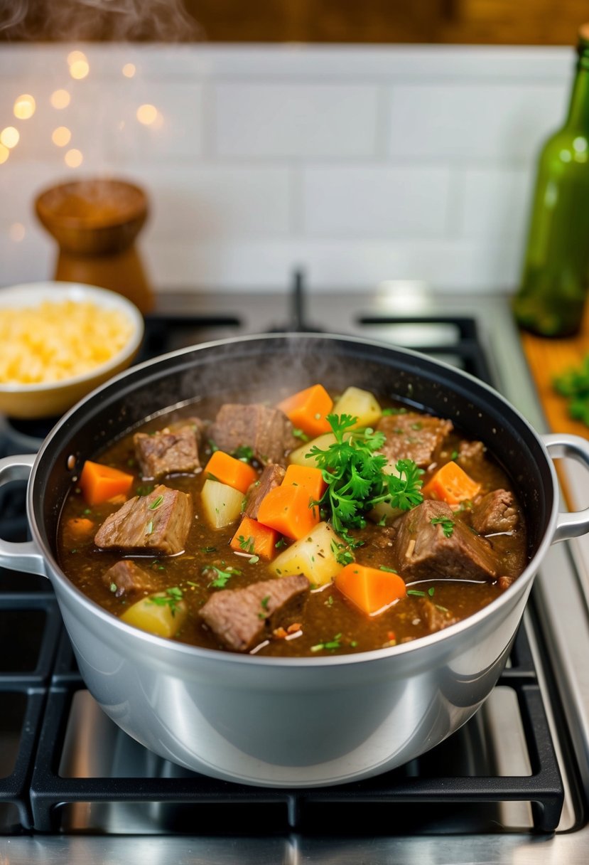 A bubbling pot of beef stew simmers on a stovetop, filled with chunks of tender meat, colorful vegetables, and fragrant homemade seasoning