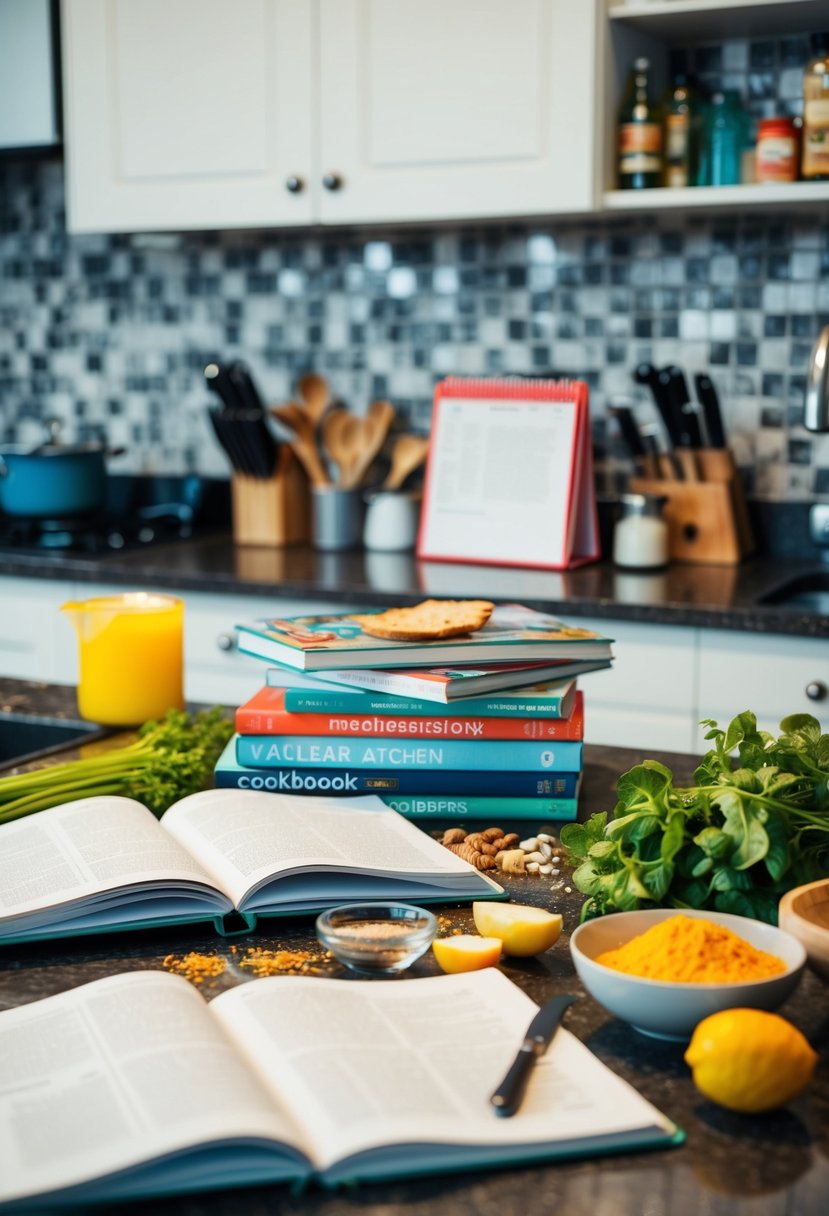 A cluttered kitchen counter with open cookbooks, scattered ingredients, and a calendar marked with dates