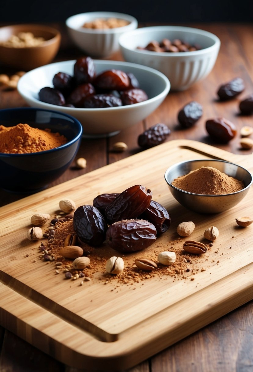 A wooden cutting board with dates, cocoa powder, and nuts scattered around a mixing bowl