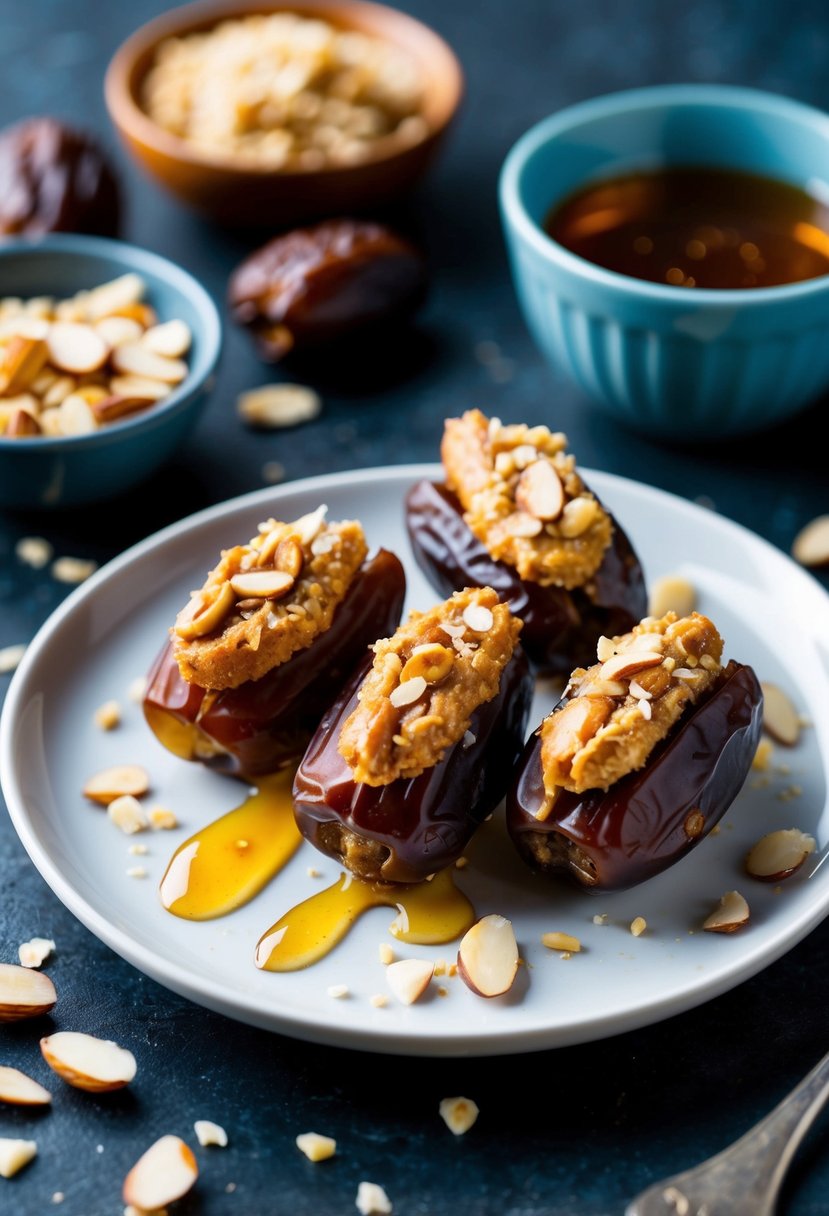 A plate of stuffed dates with almond butter, garnished with crushed almonds and drizzled with honey