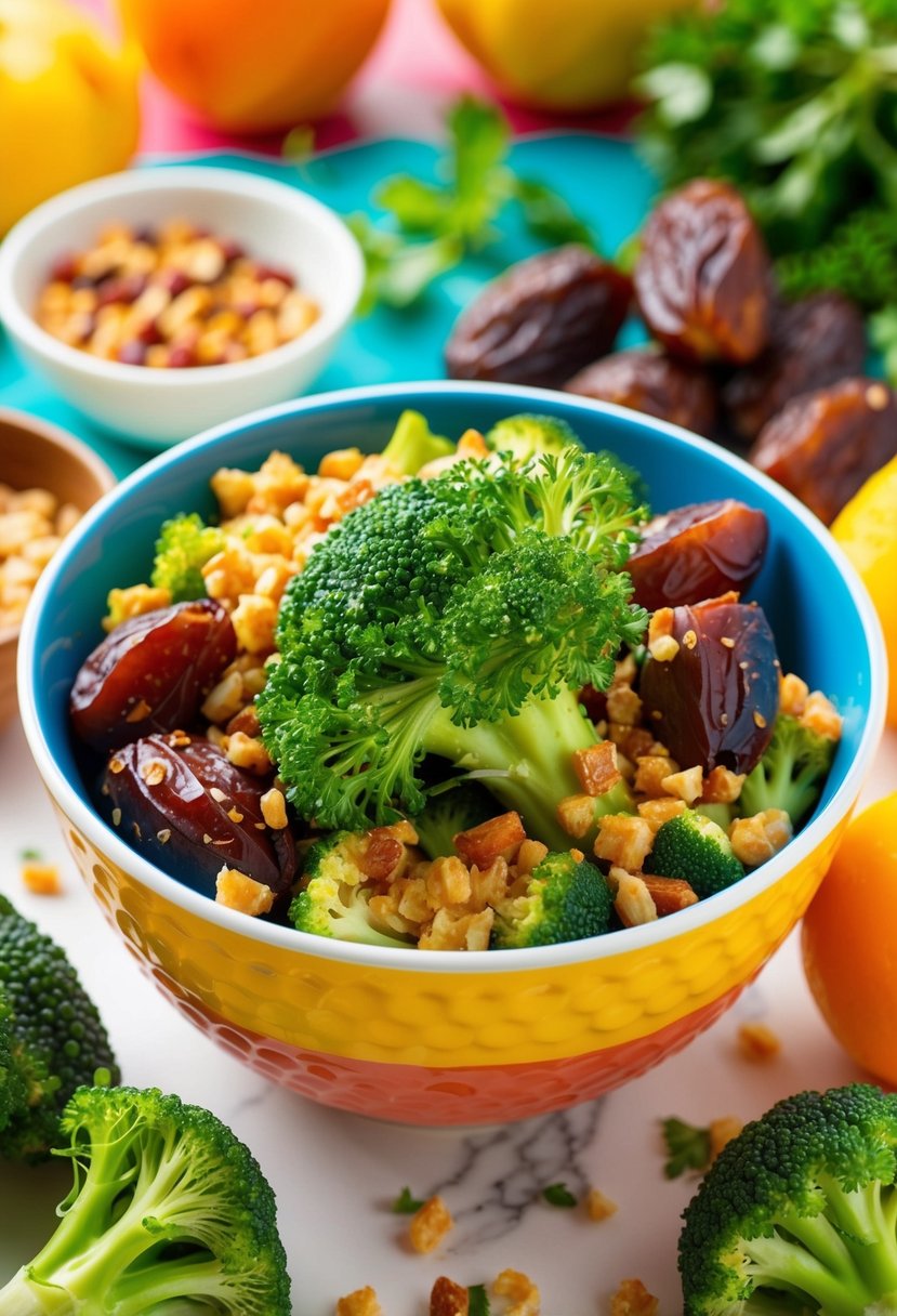 A colorful bowl filled with broccoli, dates, and crunchy toppings, surrounded by fresh ingredients and a vibrant kitchen backdrop