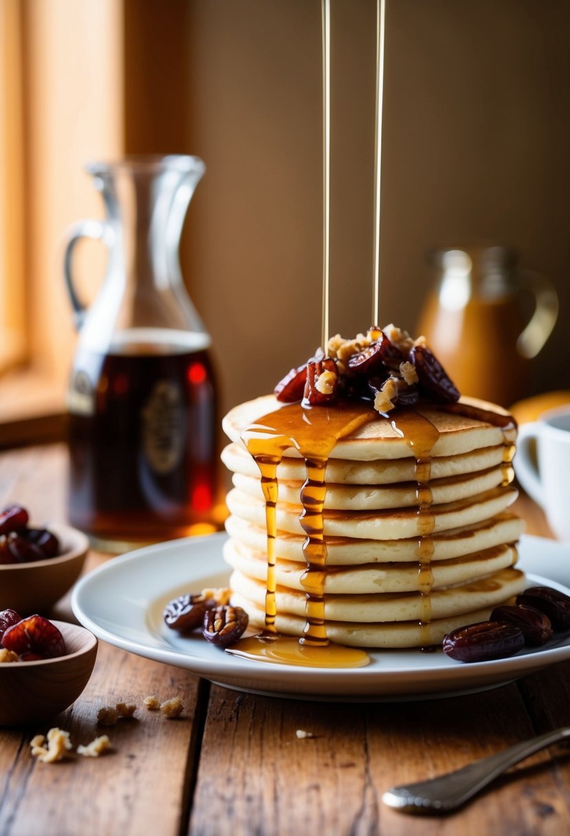 A stack of fluffy pancakes drizzled with maple syrup and topped with chopped dates, surrounded by a warm and inviting breakfast setting