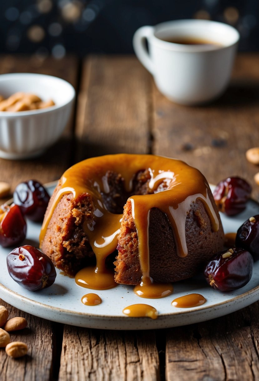 A warm, gooey sticky toffee date pudding sits on a rustic wooden table, surrounded by plump, juicy dates and drizzled with rich toffee sauce