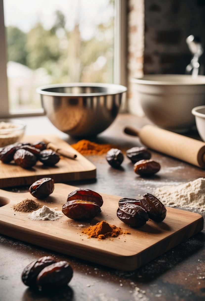 A rustic kitchen countertop with a wooden cutting board, dates, flour, and spices scattered around. A mixing bowl and a rolling pin are in the background