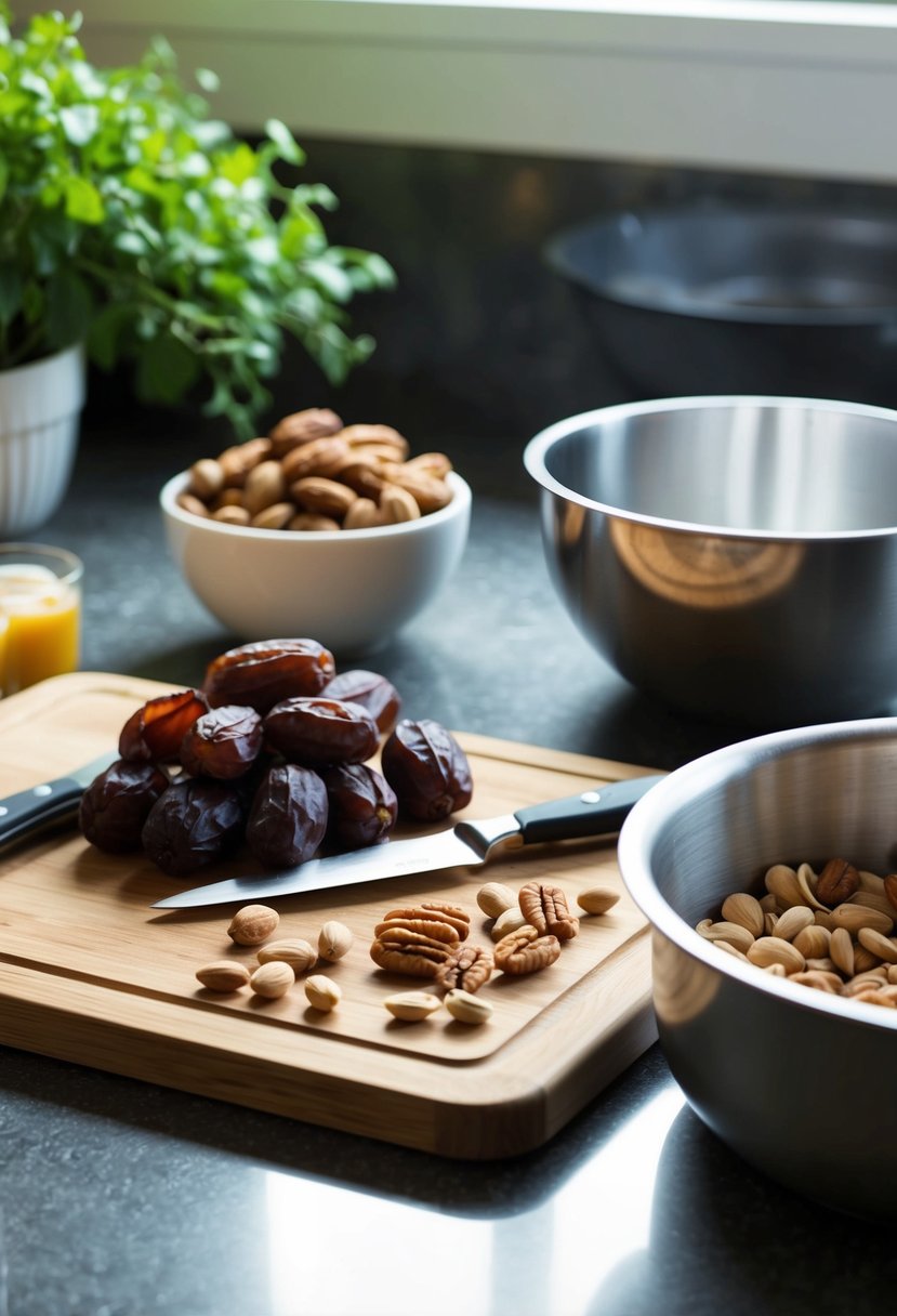 A kitchen counter with a cutting board, knife, and a pile of dates and nuts. A mixing bowl and baking pan are nearby