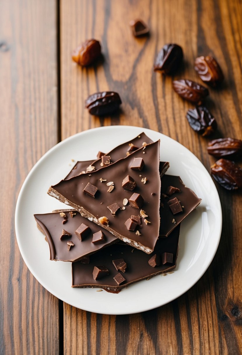 A wooden table with a plate of date bark topped with melted chocolate and scattered pieces of dates