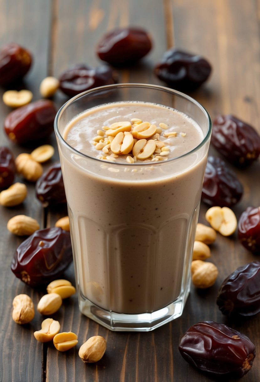 A glass of creamy Medjool Date and Peanut Smoothie surrounded by scattered dates and peanuts