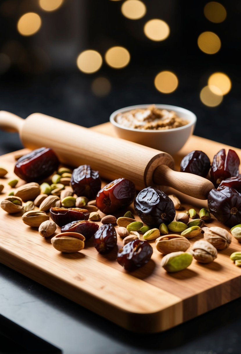 A wooden cutting board with a variety of dates and pistachios scattered around, with a rolling pin and a bowl of date paste