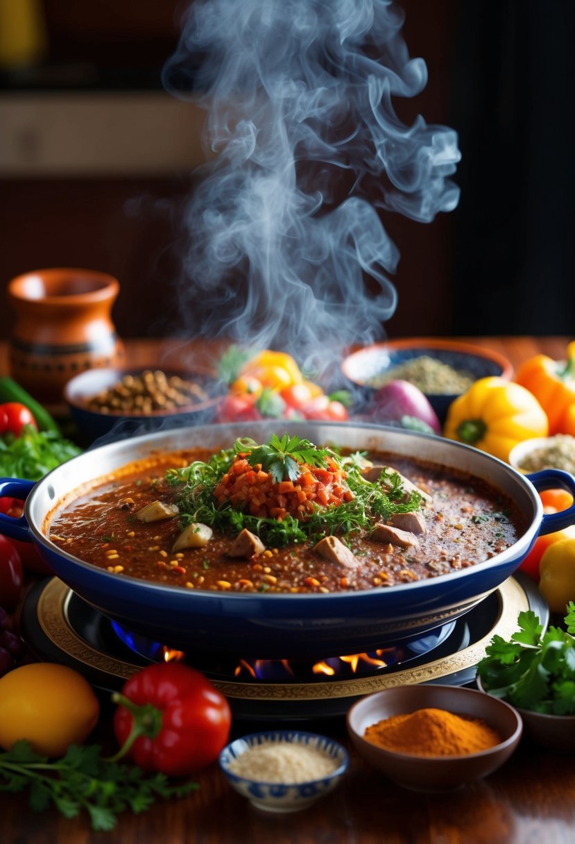 A steaming tajine dish surrounded by vibrant ingredients and aromatic spices