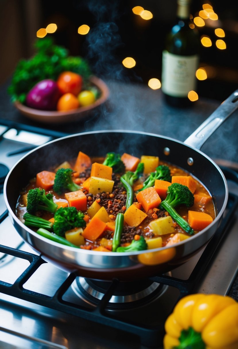 A tajine pot filled with colorful vegetables and aromatic Moroccan spices simmering on a stove