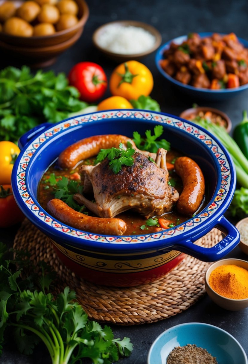 A colorful tagine pot filled with lamb and merguez sausages, surrounded by vibrant vegetables and aromatic spices