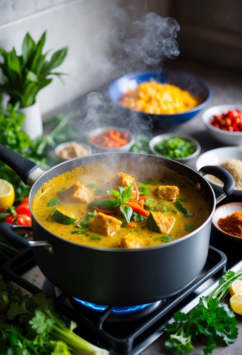 A steaming pot of vibrant Thai curry simmers on a stove, surrounded by a colorful array of fresh herbs, spices, and vegetables