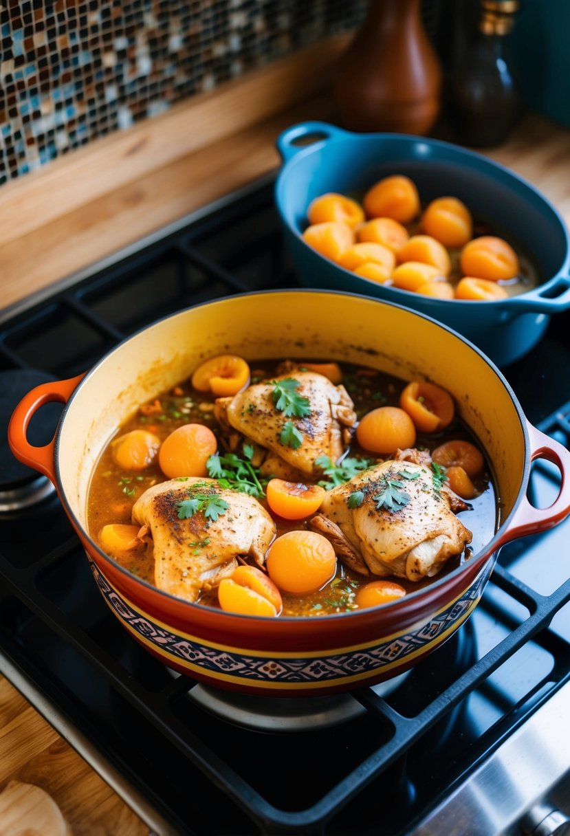 A colorful tagine pot filled with chicken, apricots, and aromatic spices simmering on a stovetop