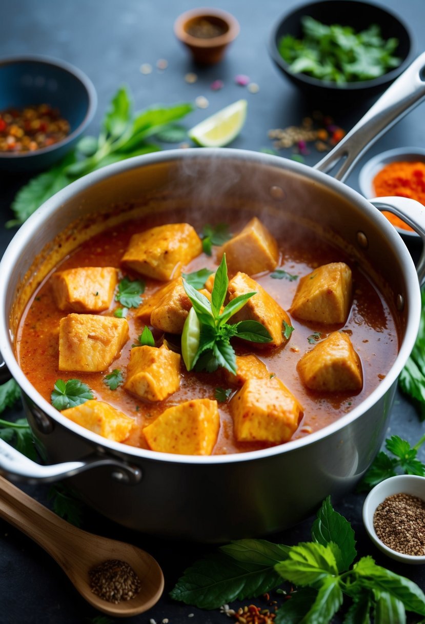 A steaming pot of red curry simmers with chunks of chicken, surrounded by vibrant Thai spices and fresh herbs