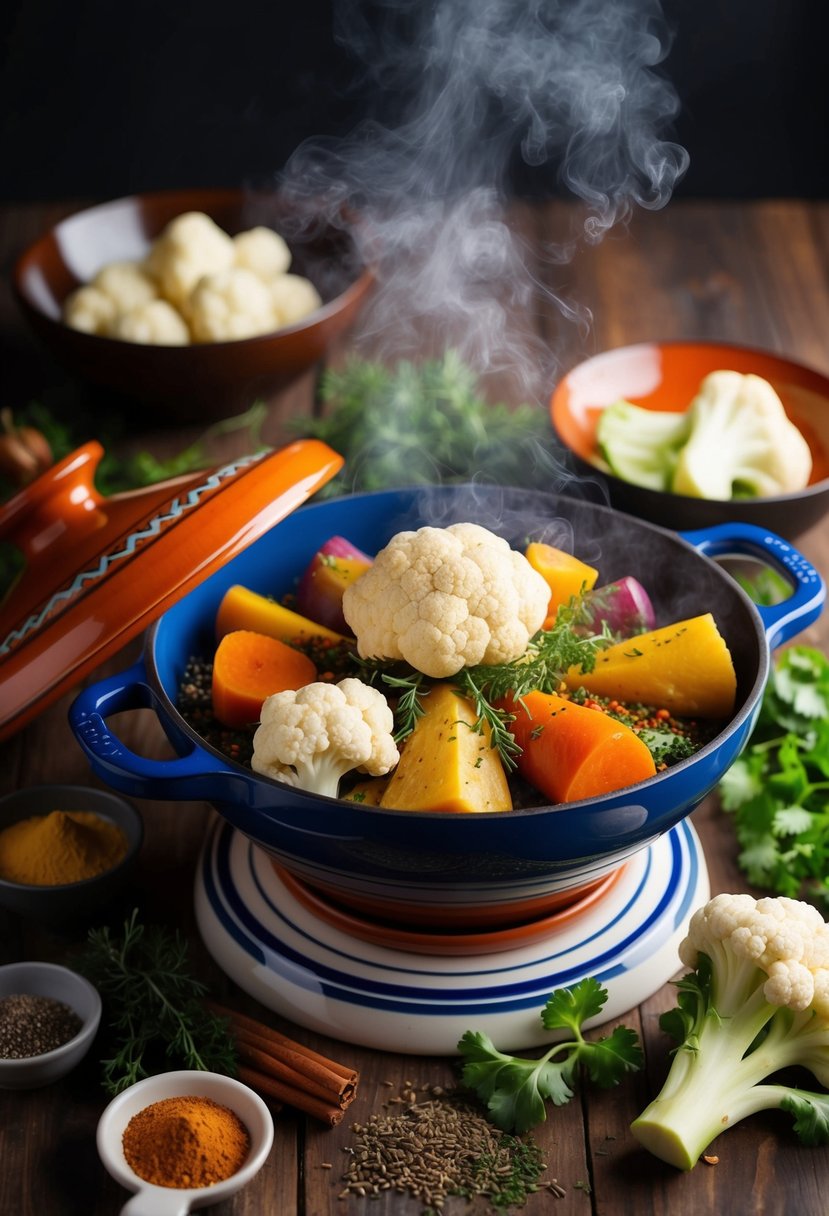 A steaming tagine pot filled with colorful root vegetables and cauliflower, surrounded by fragrant spices and herbs