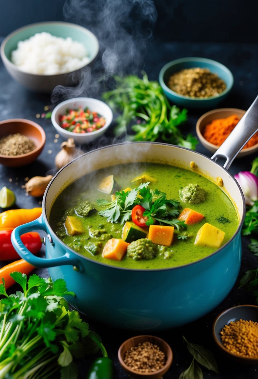 A steaming pot of green curry simmering with vibrant vegetables and aromatic herbs, surrounded by colorful spices and fresh ingredients