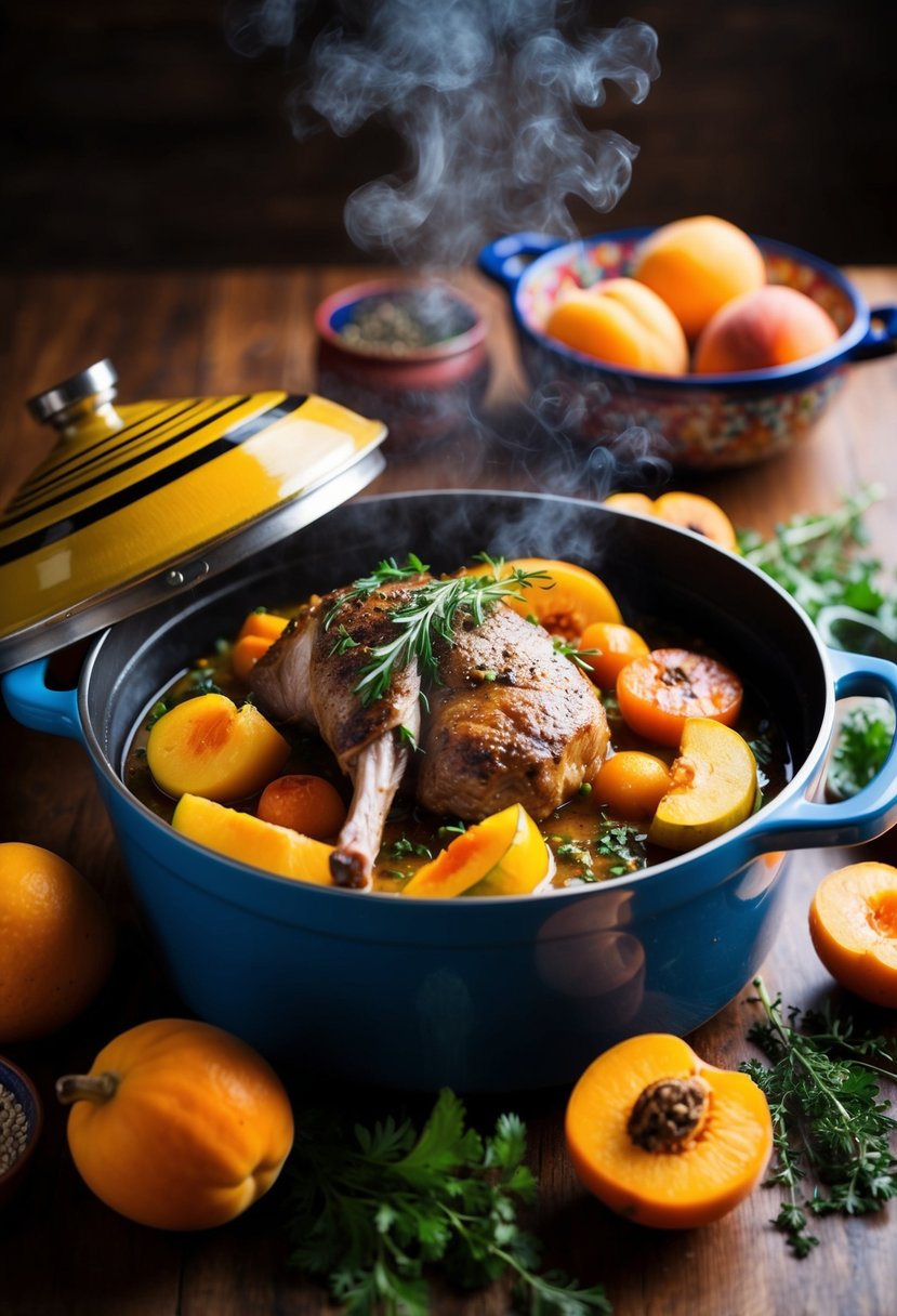 A steaming tagine pot filled with lamb, squash, and apricots, surrounded by vibrant spices and herbs