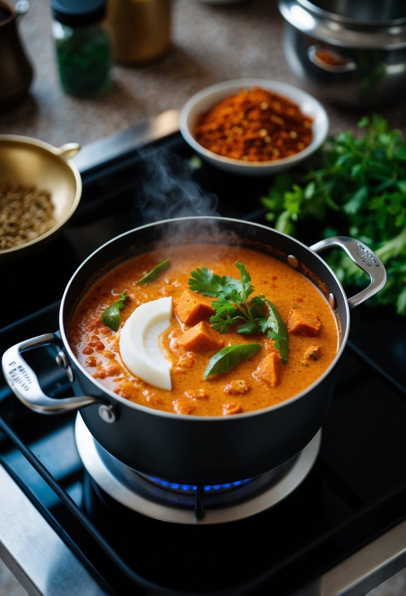 A bubbling pot of red curry with coconut milk simmers on a stovetop, surrounded by aromatic herbs and spices